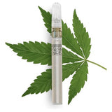 BLOOM FARMS CBD Mini Vapor Pen image of pen on the background of a cannabis leaf.
