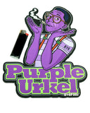 Picture of Purple Urkel  dab pad next to a black lighter to show dab pad size. Top of dab pad is an animated picture of Steve Urkel from the TV show Family Matters with a joint in his mouth and his hands open palm pointing to the sky. the phrase "Purple Urkel" are below Steve Urkel, along with DabPadz logo in the bottom right corner.