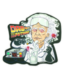 The top of the dab pad shows the phrase "Dab To The Future" in a Back To The Future font and style, on the left side of the pad. The majority of the pad is an animated picture of Doc Brown, with blood shot eyes, preparing to do a dab hit using an electronic dab rig, which is on the lower left part of the pad.