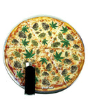 Picture of Weedza dab mat with a black lighter to show size of dab mat. Picture of 8" Rubber Dropmat Weedza. The mat shows the image of a pizza that has marijuana leaves and cannabis buds as toppings.
