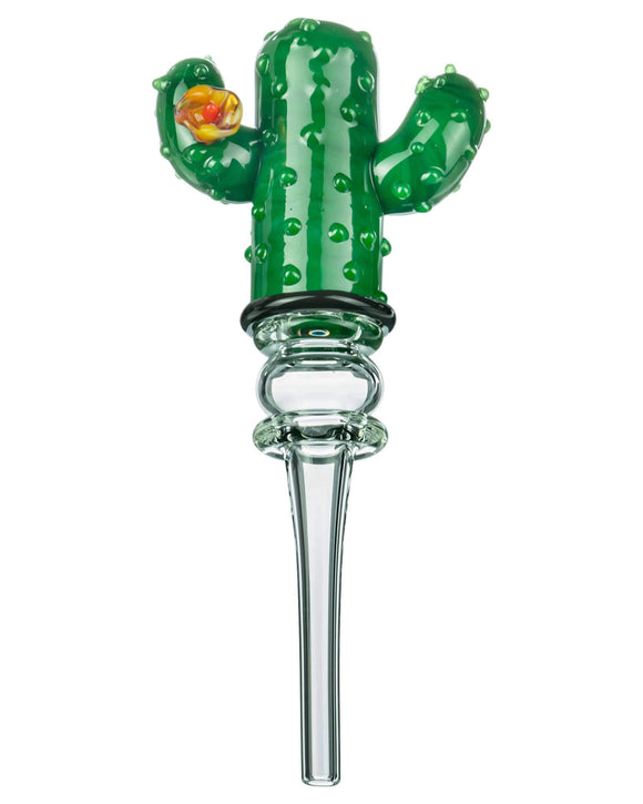 Front view of Empire Glassworks Cactus Honey Straw. The handle is a green glass cactus with glass bumps for definition and a yellow flower attached to the left limb. The honey straw is displayed on a white background.