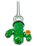 Bottom view of Empire Glassworks Cactus Honey Straw. The handle is a green glass cactus with glass bumps for definition and a yellow flower attached to the left limb. The honey straw is displayed on a white background.