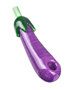 Top, front view of Empire Glassworks Eggplant Emoji Hand Pipe.