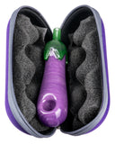 View of Empire Glassworks Eggplant Emoji Hand Pipe in padded case.