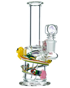 Front view of Empire Glassworks Land of Ooo Mini Water Pipe showing characters from Adventure Time sliding down a rainbow.