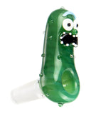 Upright view of Empire Glassworks Pickle Rick Bowl. The bowl is green with glass bumps to represent a pickle. There is a Rick face, from Rick & Morty opposite of the bowl. The bowl is displayed on a white background.