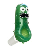 Top view of Empire Glassworks Pickle Rick Bowl. The bowl is green with glass bumps to represent a pickle. There is a Rick face, from Rick & Morty opposite of the bowl. The bowl is displayed on a white background.