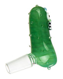 Upright, side view of Empire Glassworks Pickle Rick Bowl. The bowl is green with glass bumps to represent a pickle. There is a Rick face, from Rick & Morty opposite of the bowl. The bowl is displayed on a white background.