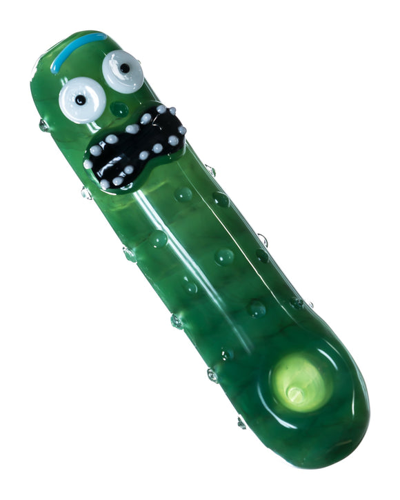 Top view of Empire Glassworks Pickle Rick Spoon Pipe, which is a green pipe with glass bumps to represent a pickle. There is also a Rick face on the mouthpiece end of pipe. The pipe is displayed on a white background.