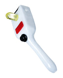 Diagonal view of the top side of Empire Glassworks Portal Gun Pipe, which is a replica of a portal gun. The pipe is on a white background.